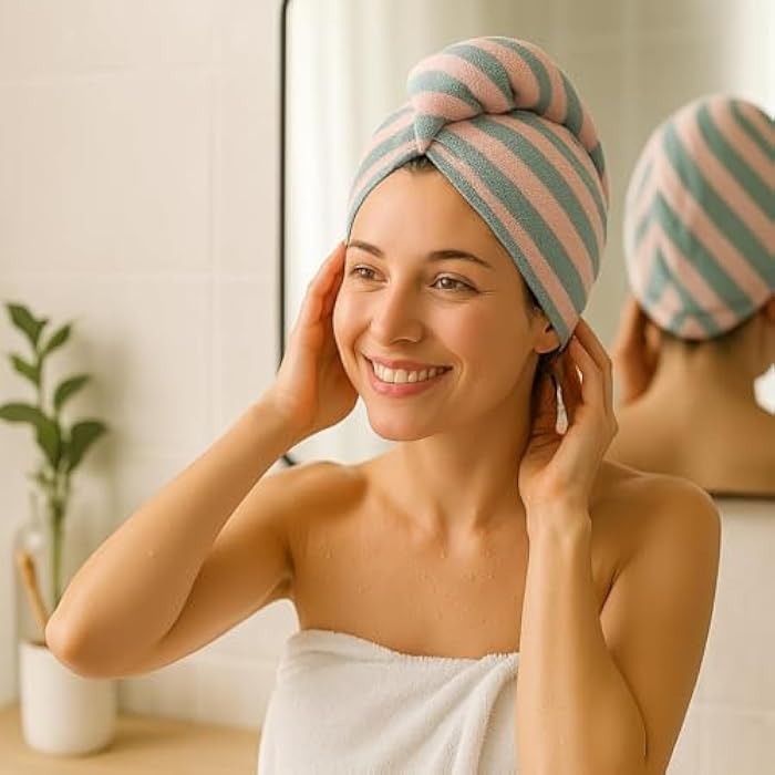 Hair Towel Microfiber Quick Dry Hair Turban Wrap for Women, Absorbent Long Hair Drying Cap for Shower and Curly Hair (Pink & Grey) - Image 4